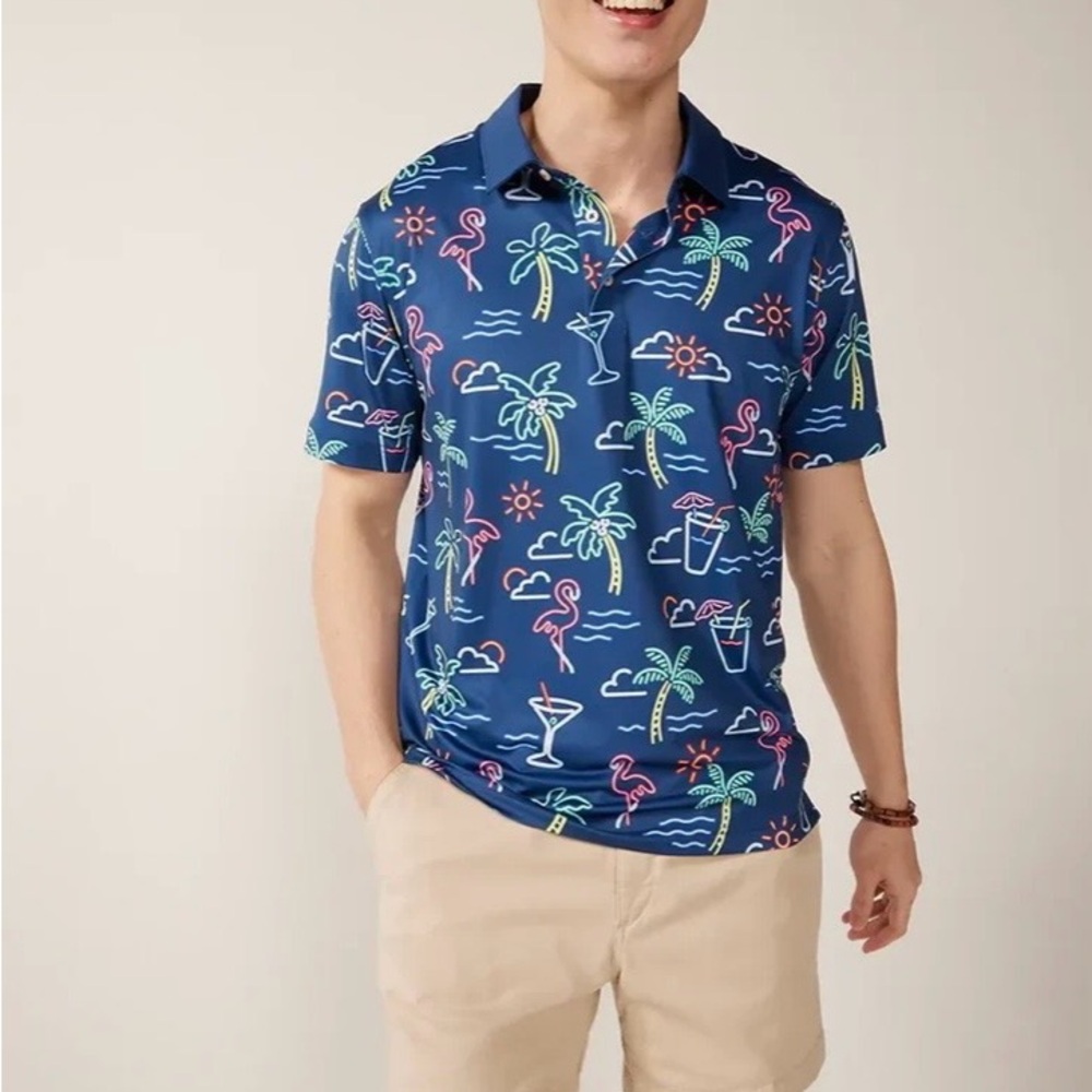 Chubbies Neon Light Blue performance polo golf shirt martini Palm tree Medium